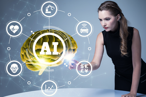 Woman Pointing At Abstract Deep Learning AI Brain